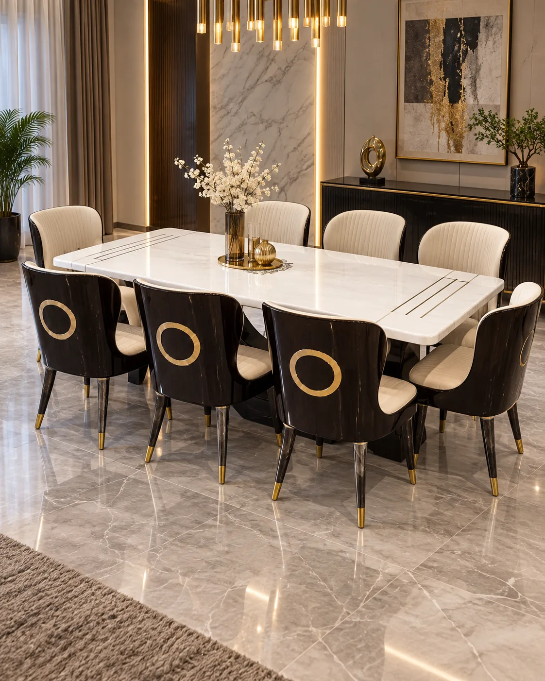 Luxury White Dining Table with Gold Ring Chairs
