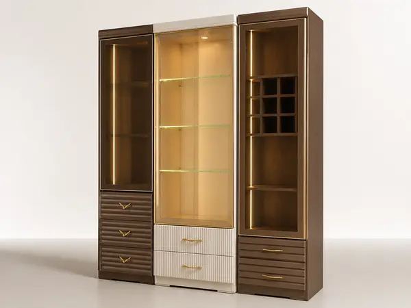 Mocha Lacquer Cabinet with Gold Trim & Built-In Wine Rack — image 1