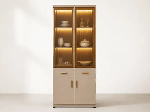 Narrow Cream Cabinet with LED-Lit Shelves & Gold Handles — image 1
