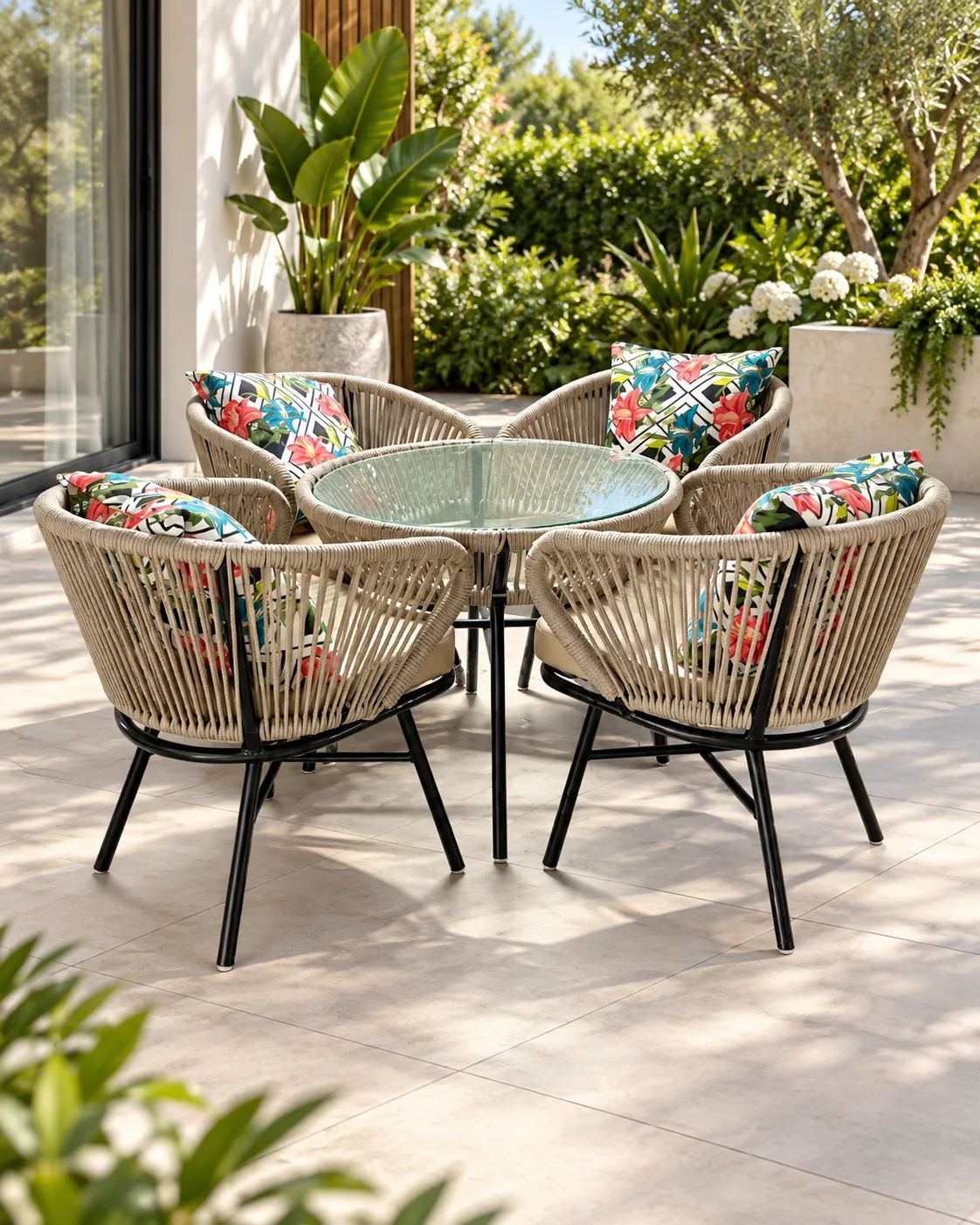 Beige Rope Patio Set with Glass Table