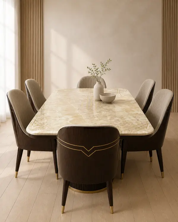 Beige Marble Dining Table with Walnut Chairs — image 1