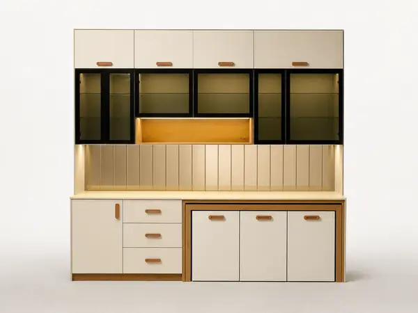 Cream Lacquer Cabinet with Black-Framed Glass & Leather Handles — image 1