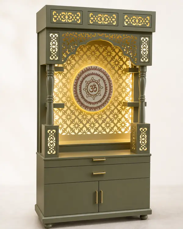 Olive Green Mandir with Gold Jaali Panels — image 1