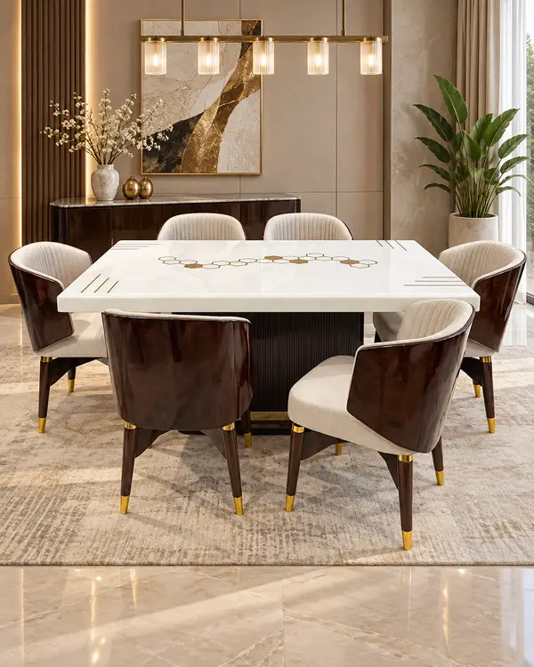 White Marble Dining Table with Walnut Shell Chairs — image 1